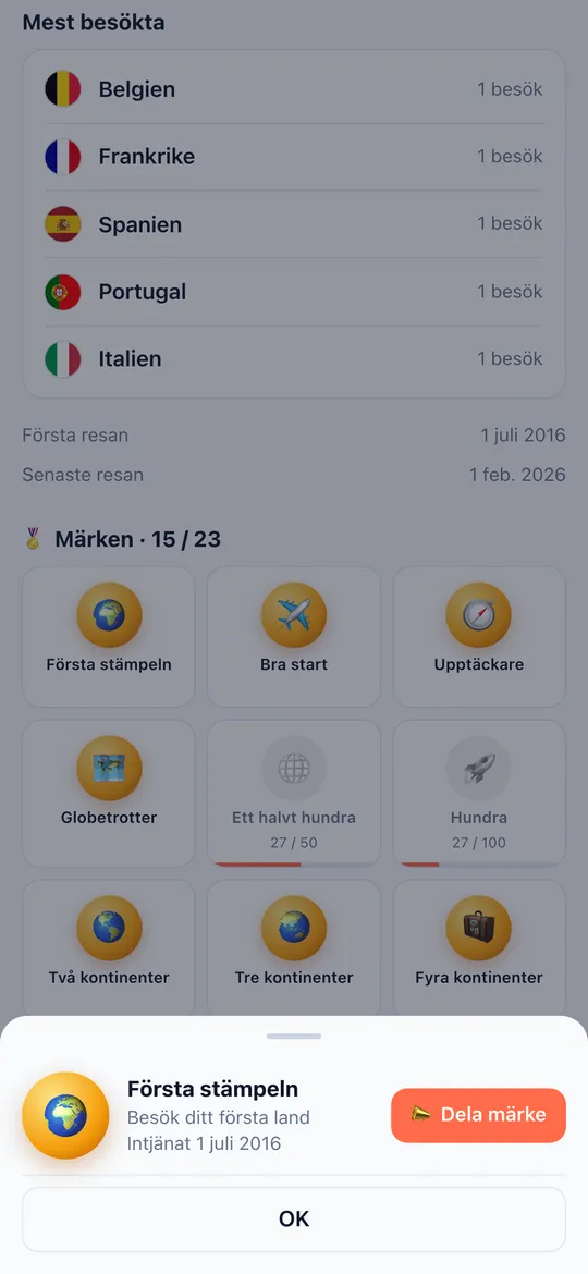 Skärmen Märken i World Traveler-appen