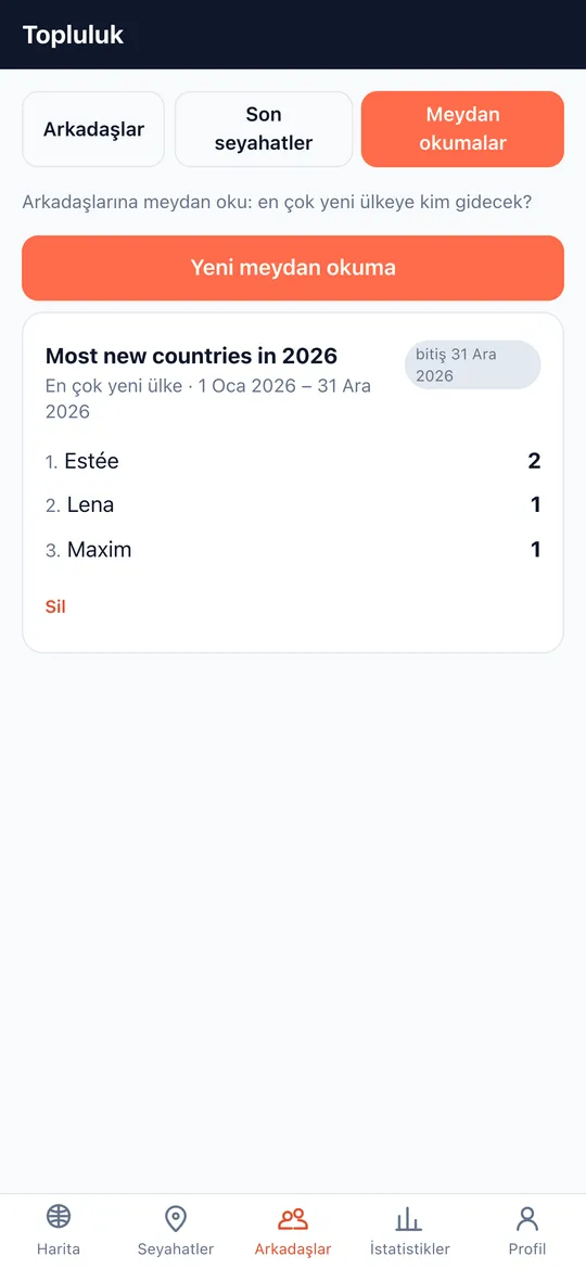 World Traveler uygulamasının Meydan okumalar ekranı