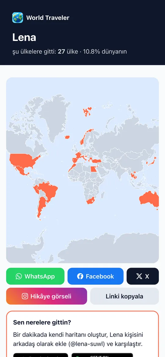 Paylaşım düğmeleriyle paylaşılmış World Traveler haritası