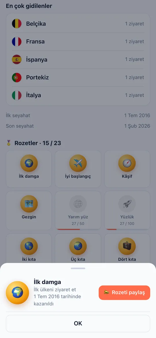 World Traveler uygulamasının Rozetler ekranı