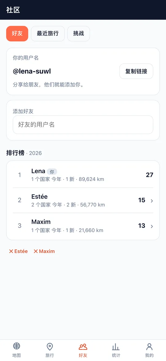 World Traveler 应用的好友与排行榜界面